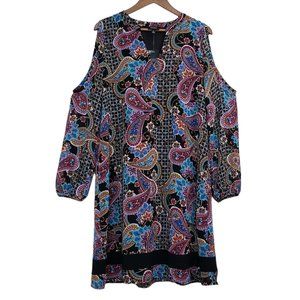 Nicole By Nicole Miller Paisley Boho Long Sleeve Cold Shoulder Dress SZ 14 NWT